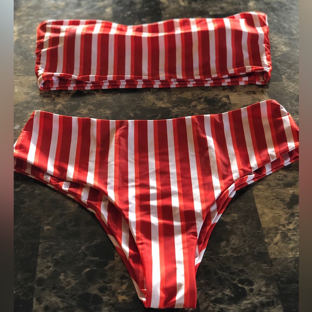 SHEIN || Strapless Red Orange & white Striped Bathing Suit